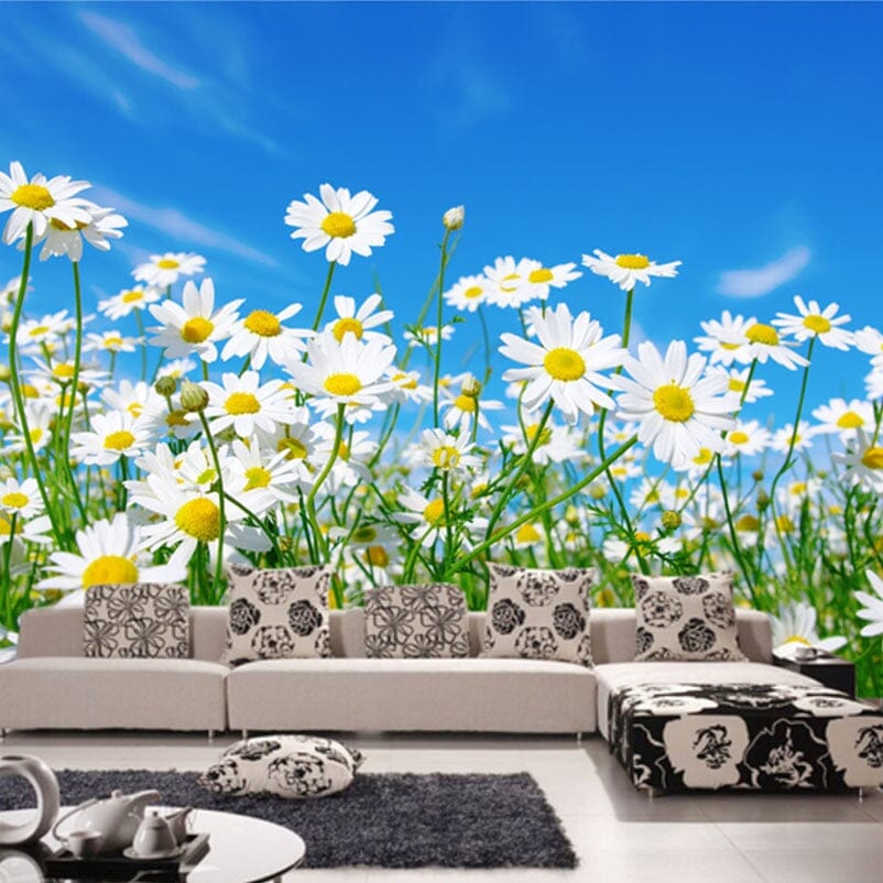Daisies Against Blue Sky Wallpaper Mural, Custom Sizes Available Wall Murals Maughon's Waterproof Canvas