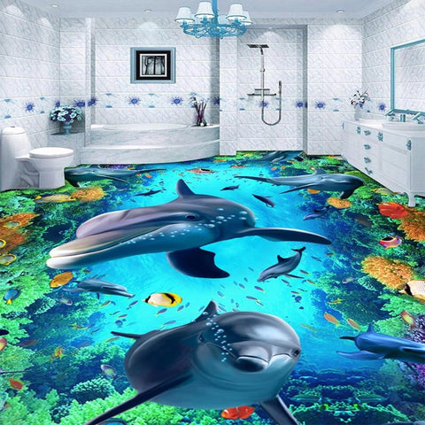 Image of Dolphin, Coral and Topical Fish Vinyl PVC Floor Mural, Self Adhesive, Custom Sizes Available Household-Wallpaper-Floor Maughon's