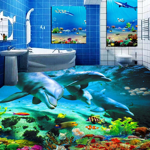 Image of Dolphin Pod and Tropical Fish Floor Mural, Custom Sizes Available Floor Murals Maughon's