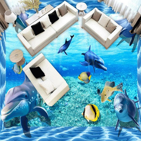 Image of Dolphins and Tropical Fish Self Adhesive Floor Mural, Custom Sizes Available Maughon's