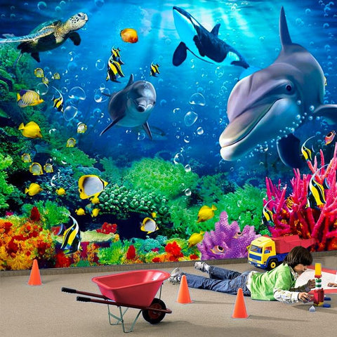 Image of Dolphins, Corals and Tropical Fish Wallpaper Mural, Custom Sizes Available Wall Murals Maughon's