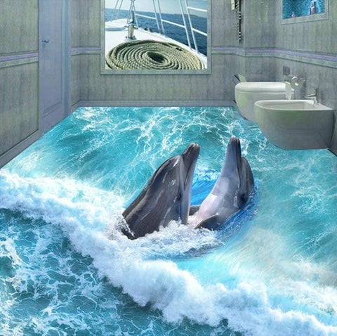 Image of Dolphins in Waves Vinyl PVC Floor Mural, Self Adhesive, Custom Sizes Available