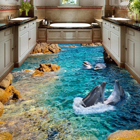 Image of Dolphins Playing Near Shore Vinyl PVC Floor Mural, Self Adhesive, Custom Sizes Available Household-Wallpaper-Floor Maughon's