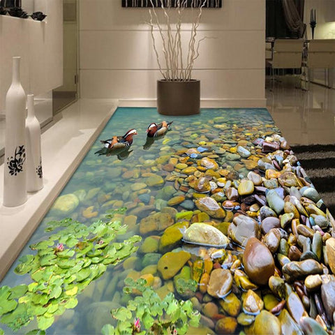 Image of Ducks And River Stone Self Adhesive Floor Mural, Custom Sizes Available Floor Murals Maughon's