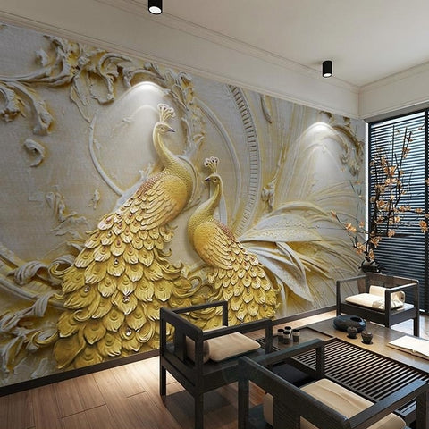 Image of Exquisite Golden Peacocks Relief Wallpaper Mural, Custom Sizes Available