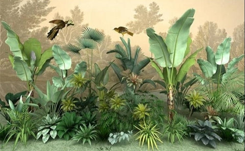 Image of Mural Selva tropical con pájaros, tamaños personalizados disponibles