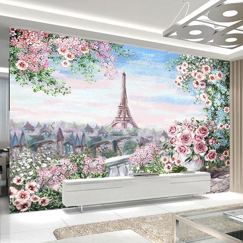 Eiffel Tower and Pink Roses Wallpaper Mural, Custom Sizes Available Household-Wallpaper Maughon's