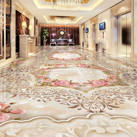Image of Elegant Marble with Pink Flowers Floor Mural, Custom Sizes Available Maughon's