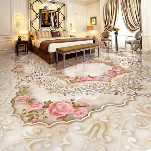 Image of Elegant Marble with Pink Flowers Floor Mural, Custom Sizes Available Maughon's