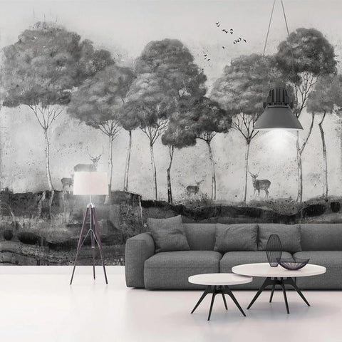 Image of Elk Forest Black And White Background Wallpaper Mural, Custom Sizes Available Maughon's