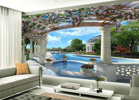 Image of European Style Garden Swimming Pool Wallpaper Mural, Custom Sizes Available Wall Murals Maughon's