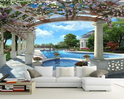 Image of European Style Garden Swimming Pool Wallpaper Mural, Custom Sizes Available Wall Murals Maughon's