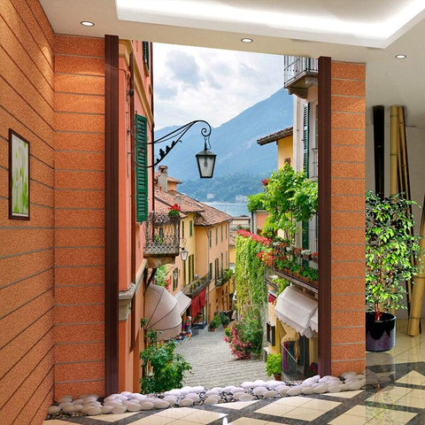 Image of European Town Street View Wallpaper Mural, Custom Sizes Available Wall Murals Maughon's