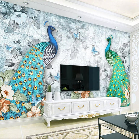 Image of Exquisite Peacock and Hen Wallpaper Mural, Custom Sizes Available Maughon's