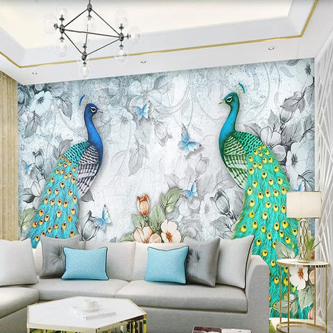 Image of Exquisite Peacock and Hen Wallpaper Mural, Custom Sizes Available Maughon's