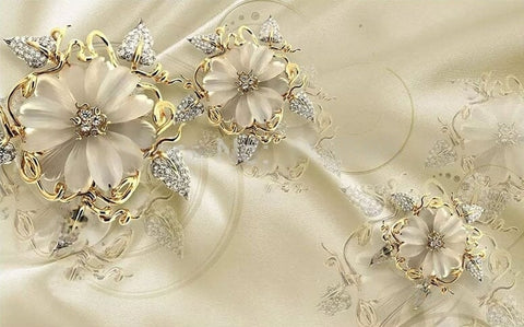 Image of 3D European Style Diamond Golden Flower Wallpaper Mural, Custom Sizes Available