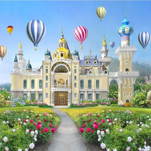 Fantasy Castle and Balloons Wallpaper Mural, Custom Sizes Available