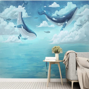 Fantasy Flying Whales Wallpaper Mural, Custom Sizes Available