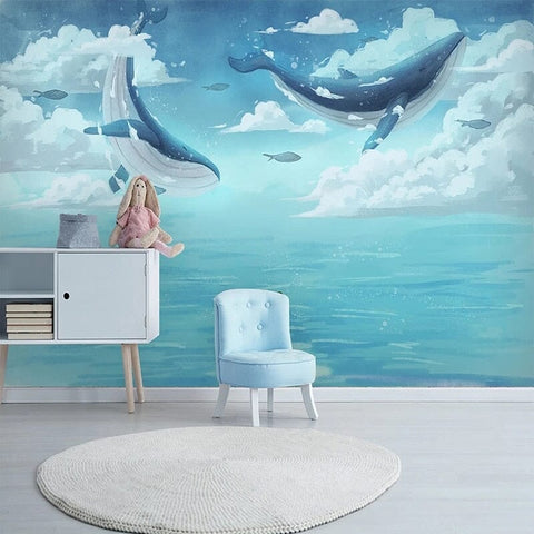 Image of Fantasy Flying Whales Wallpaper Mural, Custom Sizes Available Wall Murals Maughon's Waterproof Canvas