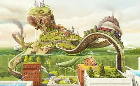 Image of Fantasy Octopus Village Wallpaper Mural, Custom Sizes Available Wall Murals Maughon's
