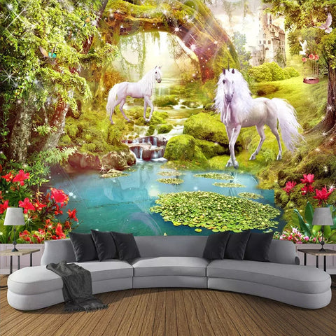 Image of Fantasy Unicorns In the Woods Wallpaper Mural, Custom Sizes Available Wall Murals Maughon's Waterproof Canvas