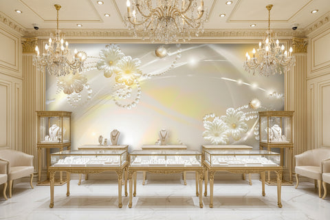 Image of Pearls and White Blossoms Background Wallpaper Mural, Custom Sizes Available