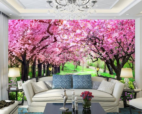Image of Cherry Blossom Tree Lined Walkway Wallpaper Mural, Custom Sizes Available