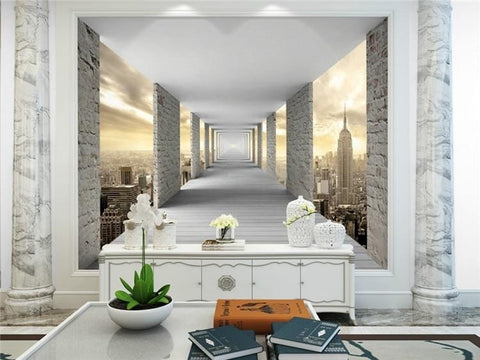 Image of Geometric City Infinity Hallway Wallpaper Mural, Custom Sizes Available