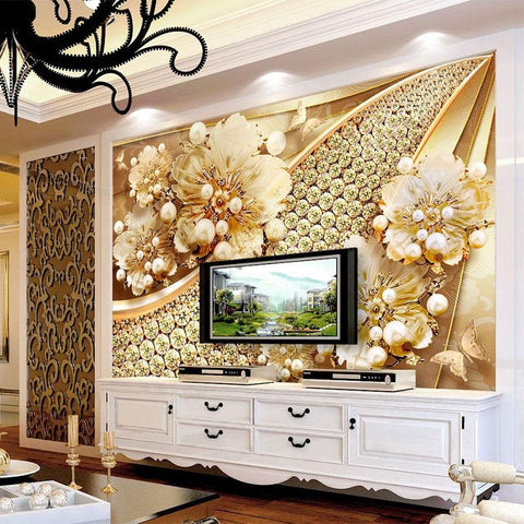 Image of Gold and Diamond Flower Jewelry Wallpaper Mural, Custom Sizes Available Household-Wallpaper Maughon's
