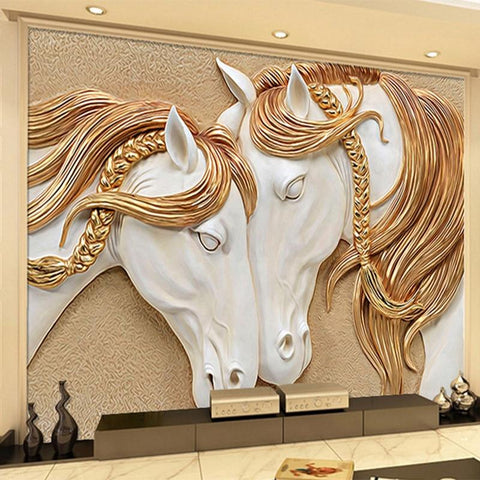 Image of Gold and White Horses Sculpture Relief Wallpaper Mural, Custom Sizes Available Household-Wallpaper Maughon's