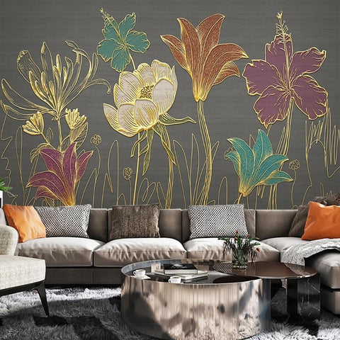 Image of Gold Lines Flowers Wallpaper Mural, Custom Sizes Available Household-Wallpaper Maughon's