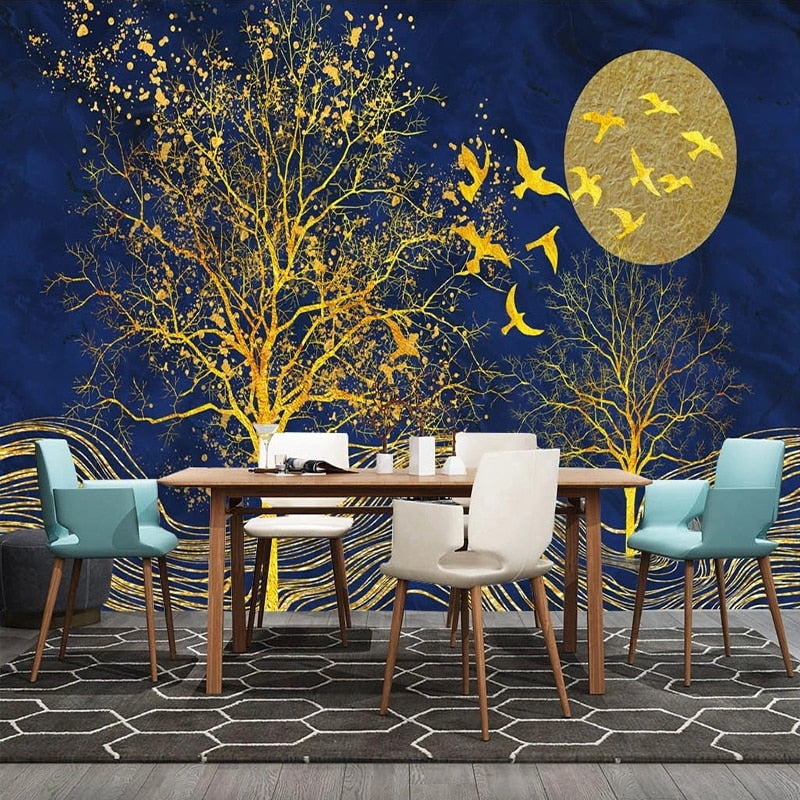 Golden Bird, Tree and Moon On Blue Wallpaper Mural, Custom Sizes Available Wall Murals Maughon's