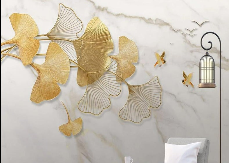 Golden Ginkgo Leaf, Flying Bird ,Marble Wallpaper Mural, Custom Sizes Available Household-Wallpaper Maughon's