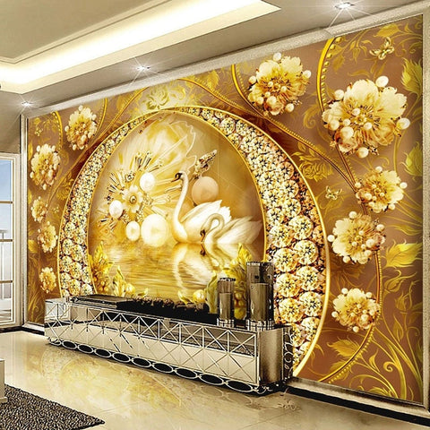 Image of Golden Swans, Flowers and Jewelry Wallpaper Mural, Custom Sizes Avaialble Wall Murals Maughon's