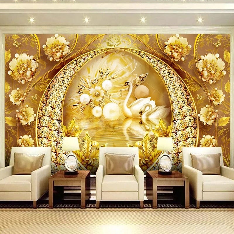 Golden Swans, Flowers and Jewelry Wallpaper Mural, Custom Sizes Avaialble Wall Murals Maughon's