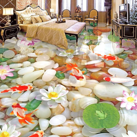 Image of Goldfish, White River Pebbles and Lotus Self Adhesive Floor Mural, Custom Sizes Available Maughon's
