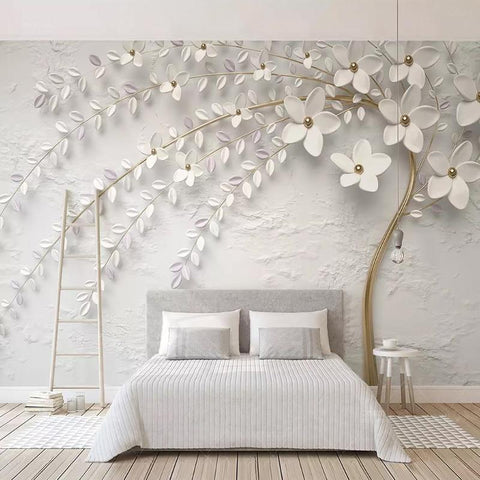 Image of Gorgeous Embossed White Flower Wallpaper Mural, Custom Sizes Available Maughon's