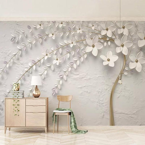 Image of Gorgeous Embossed White Flower Wallpaper Mural, Custom Sizes Available Maughon's
