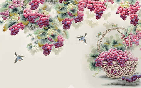 Image of Grape Clusters and Birds Wallpaper Mural, Custom Sizes Available Wall Murals Maughon's