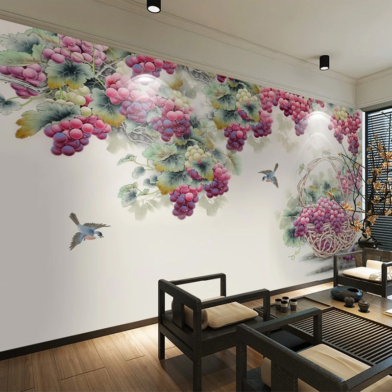 Grape Clusters and Birds Wallpaper Mural, Custom Sizes Available Wall Murals Maughon's