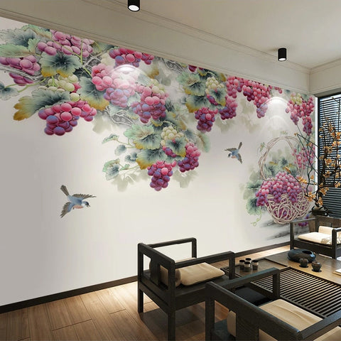 Image of Grape Clusters and Birds Wallpaper Mural, Custom Sizes Available Wall Murals Maughon's
