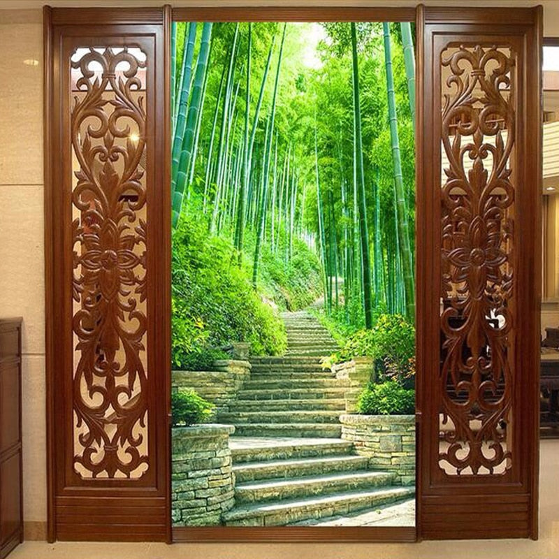 Green Bamboo Forest Trail Vertical Wallpaper Mural, Custom Sizes Available Wall Murals Maughon's Waterproof Canvas