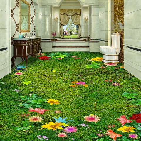 Image of Green Grass With Flowers Self Adhesive Floor Mural, Custom Sizes Available Maughon's