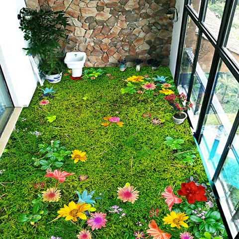 Image of Green Grass With Flowers Self Adhesive Floor Mural, Custom Sizes Available Maughon's