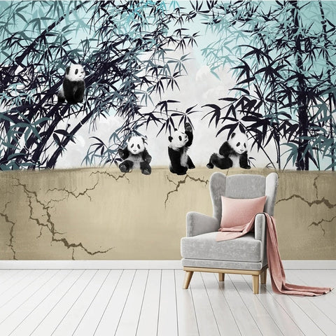 Image of Hand Drawn Pandas in a Bamboo Forest Wallpaper Mural, Custom Sizes Available Wall Murals Maughon's