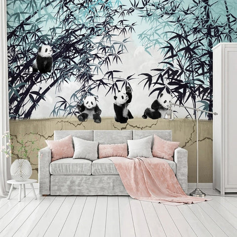 Image of Hand Drawn Pandas in a Bamboo Forest Wallpaper Mural, Custom Sizes Available Wall Murals Maughon's Waterproof Canvas