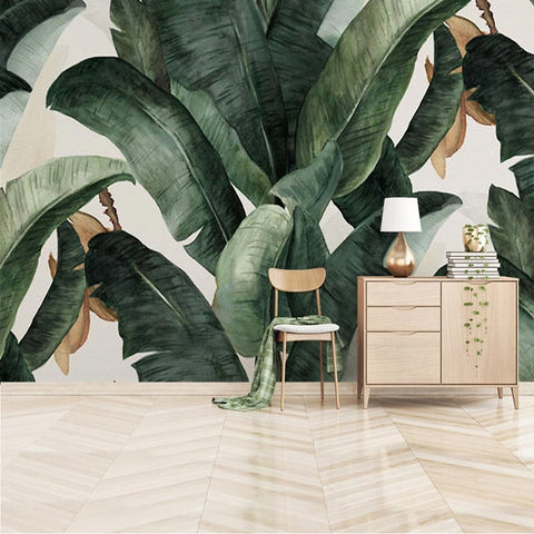Image of Hand-Painted Banana Leaves Wallpaper Mural, Custom Sizes Available Wall Murals Maughon's Waterproof Canvas