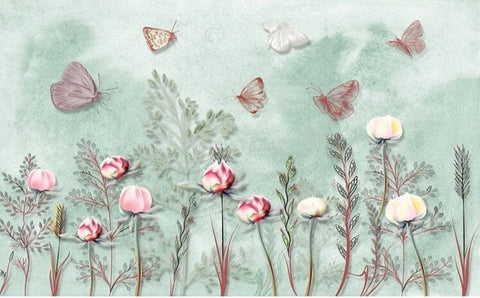 Image of Hand-Painted Butterflies and Peonies Wallpaper Mural, Custom Sizes Available Wall Murals Maughon's