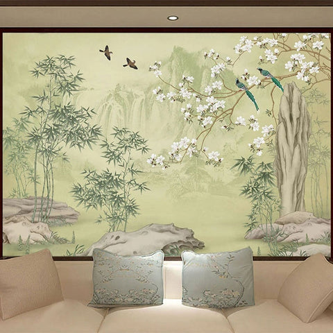Image of Hand-Painted Chinese Birds and Bamboo Wallpaper Mural, Custom Sizes Available Wall Murals Maughon's