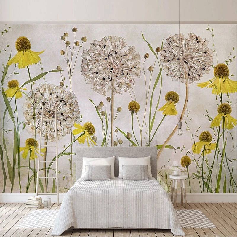 Hand Painted Dandelions and Coneflowers Wallpaper Mural, Custom Sizes Available Maughon's